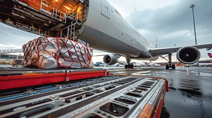Loading luggage onto an air cargo freighter at the airport: A crucial operation. Concept Airport Operations, Air Freight Logistics, Cargo Loading, Transport Efficiency, Aircraft Ground Handling