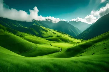 Afwasbaar Fotobehang Groen landscape with mountains and blue sky