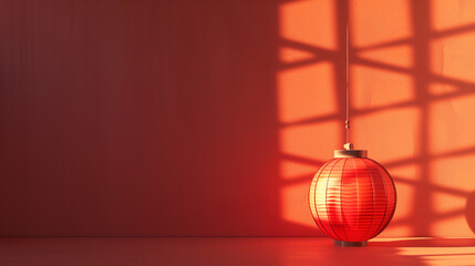 Red Chinese lanterns and paper flowers to celebrate the Chinese New Year. Place for text. Copy space