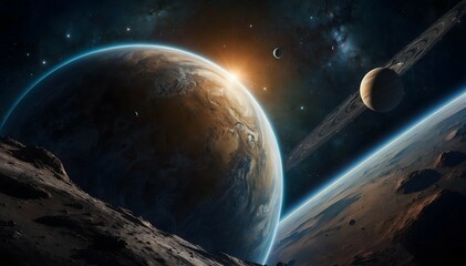 Planets in deep space. Panorama in the endless expanse of space. Cinematic view.	