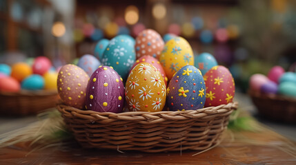 Fototapeta na wymiar Easter card with colored Easter eggs with speckled in wicker basket on the table