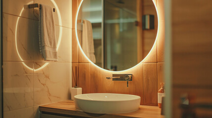 Vanity round mirror in bathroom, close-up view
