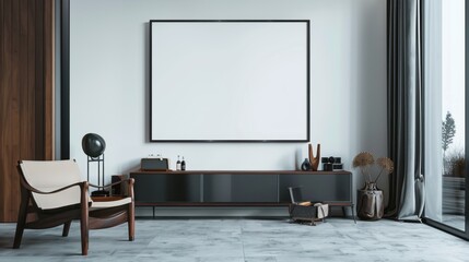 Modern interior with large roller blinds automatic solar and blackout shades wood decor panels on walls and electric sunscreen curtains for home With copyspace for text