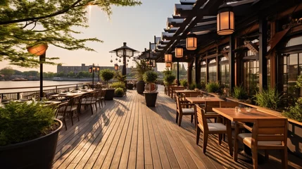 Photo sur Plexiglas Descente vers la plage A riverside restaurant patio with wooden boardwalks and nautical decor