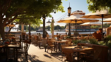 Papier Peint photo Descente vers la plage A riverside restaurant patio with wooden boardwalks and nautical decor