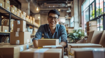 Business Start up SME concept. Young startup entrepreneur small business owner working at home, packaging and delivery situation.