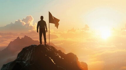 business, success, leadership, achievement and people concept - silhouette of businessman with flag on mountain top over sky and sun light background - Powered by Adobe