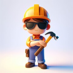 Builder with a hammer in a static pose and black glasses. Colorful Cartoon Cute 3D character.