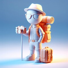 Naklejka premium Tourist with a camera in a static pose and black glasses. Colorful Cartoon Cute 3D character.