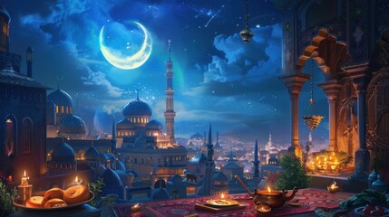 Islamic background, half moon, chand, mosque, lantern - obrazy, fototapety, plakaty