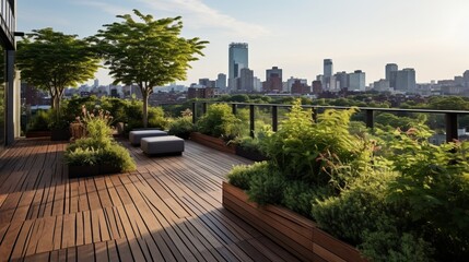 Fototapeta na wymiar A rooftop garden with wooden deck flooring and panoramic city views