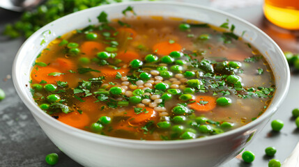 Vegetarian soup with vegetables, green peas, couscous.