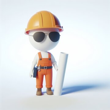 Engineer with a plan and drawings in a static pose and black glasses.