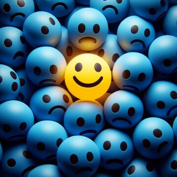 A single beaming smiley stands out in a crowd of frowns, representing optimism and positivity in the face of adversity. The contrast serves as a metaphor for resilience.