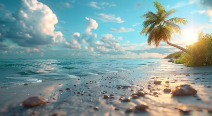 Tropical vacation concept with beach on tropical vacation island with palm and foamy waves.Macro.AI Generative.