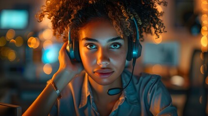 Professional Woman Offering Customer Support over the Phone in Call Center Setting. Concept Customer Service, Call Center, Professional Woman, Phone Support, Professional Setting
