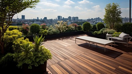 Fototapeta na wymiar A rooftop garden with wooden deck flooring and panoramic city views