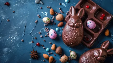 Rolgordijnen Delicious chocolate easter eggs ,bunny and sweets on dark blue background © buraratn