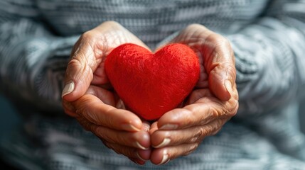 Elderly senior person or grandparent's hands with red heart in support of nursing family caregiver for national hospice palliative care and family caregivers month concept