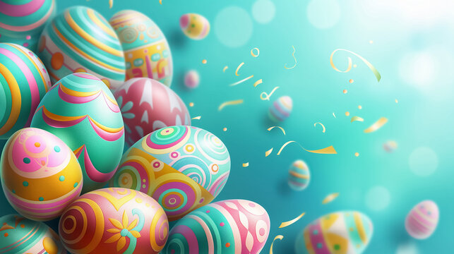 Easter poster and banner with colored Easter eggs in corner with space for text on blue background