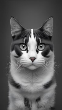 A black and white picture of a cat looking straight, symmetrical

