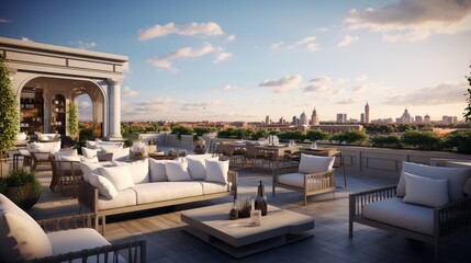 A rooftop lounge with plush seating and a panoramic view of the city