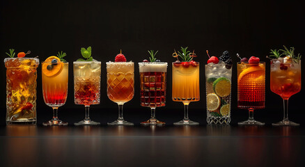 Glasses of various alcoholic cocktails with ice cubes and dressing on black background suitable for bar or nightclub.Macro.AI Generative.