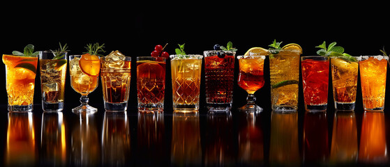 Glasses of various alcoholic cocktails with ice cubes and dressing on black background suitable for bar or nightclub.Macro.AI Generative. - obrazy, fototapety, plakaty
