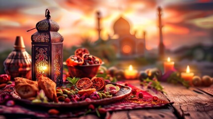 Islamic background, half moon, chand, mosque, lantern