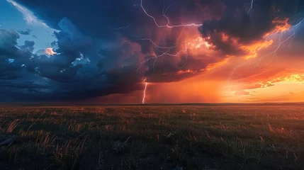 Gordijnen Lightning strike on the horizon during an electrical storm on the prairies © buraratn