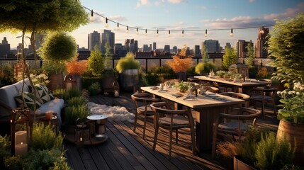 A rooftop terrace with a mix of bar-height and regular tables, adorned with plants