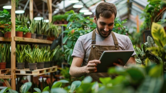 Male plant shop owner with digital tablet checking inventory