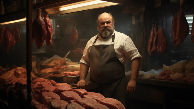 Butcher in apron behind counter with tenderloin and sausages in traditional butcher shop