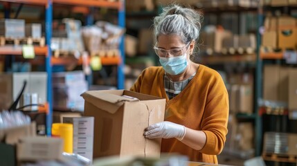 Older mature female online store small business owner worker wearing face mask packing package scanning postal drop shipping ecommerce retail order in box preparing delivery parcel in stock warehouse.