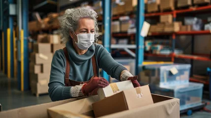Foto op Plexiglas Older mature female online store small business owner worker wearing face mask packing package scanning postal drop shipping ecommerce retail order in box preparing delivery parcel in stock warehouse. © buraratn