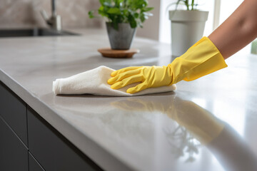 Hand in yellow cleaning gloves wiping a kitchen countertop with a white cloth, clean and tidy space. - obrazy, fototapety, plakaty
