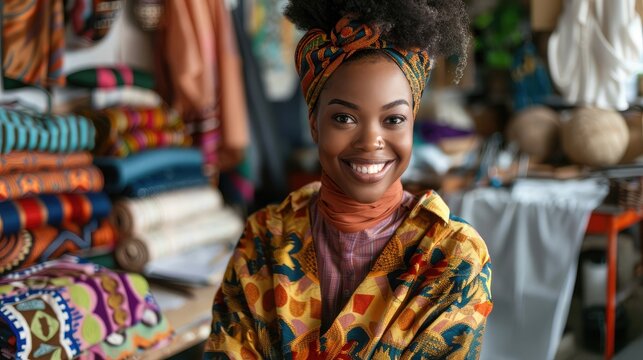Portrait beautiful smile african american black sme designer woman work computer tailer fabric fashion small business workshop. Owner entrepreneur creative girl textile garment business sme concept