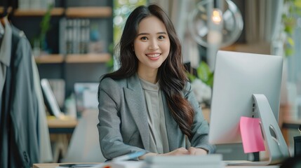 Portrait smile beautiful business asian creative designer woman suit working in office desk virtual computer. Small business owner people employee freelance online sme marketing e-commerce - obrazy, fototapety, plakaty
