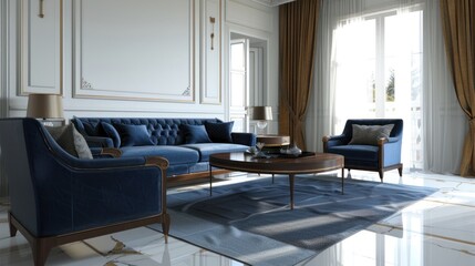 Naklejka na ściany i meble living room with beautiful blue, sea green sofa