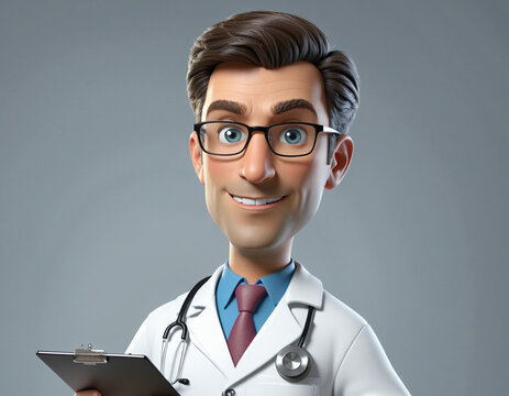 3d render, full size cartoon character doctor. Caucasian man wears white coat and glasses, shows clipboard with blank paper. Health insurance concept. Best choice or recommendation metaphor