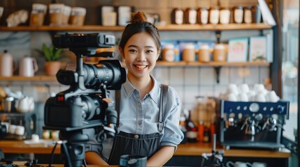Startup successful small business owner sme beauty vlogger girl video online marketing camera in cafe. Portrait young asian woman barista cafe owner. SME entrepreneur blogger online business concept - obrazy, fototapety, plakaty