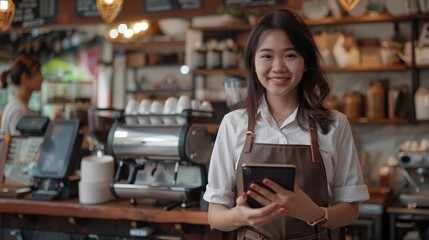 Fototapeta na wymiar Startup SME small business entrepreneur of freelance Asian woman wearing apron using laptop and box to receive and review orders online to prepare to pack sell to customers, online sme business ideas.