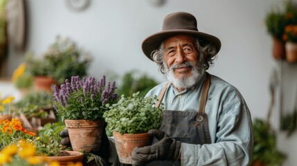 Senior Gardener with Potted Herbs and Flowers