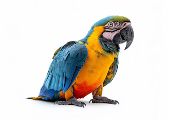 Large blue and yellow macaw tropical parrot on white background.Macro.AI Generative.