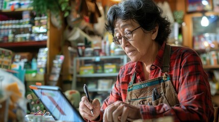 The shop owner notes with a pen while using a digital tablet while sitting in a craft store