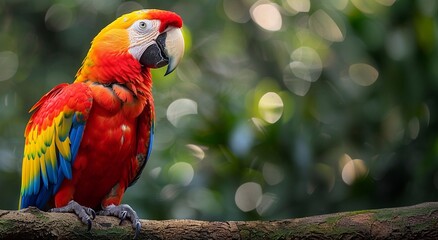 Red large macaw tropical parrot on green exotic forest background.Macro.AI Generative.