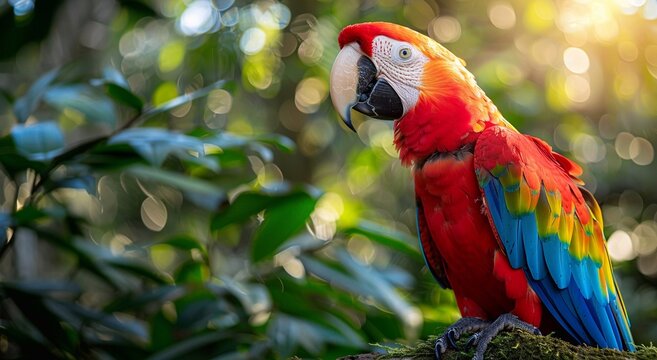 Red large macaw tropical parrot on green exotic forest background.Macro.AI Generative.