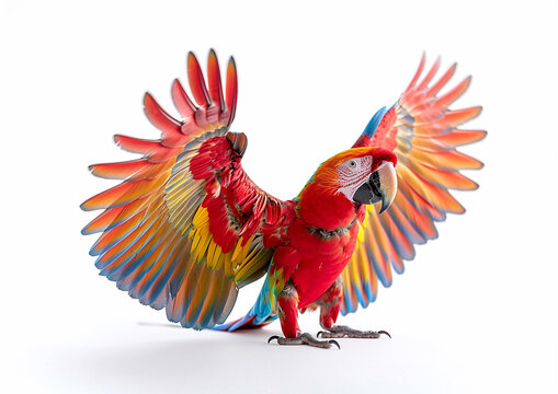 Large red macaw tropical parrot flying on white background.Macro.AI Generative.