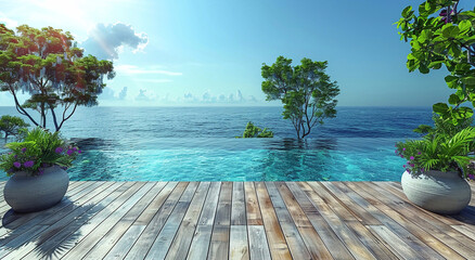 Swimming pool with wooden deck in luxury resort hotel house with ocean view.Macro.AI Generative.
