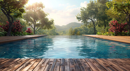 Wooden deck swimming pool in tropical hotel resort house with exotic view.Macro.AI Generative.